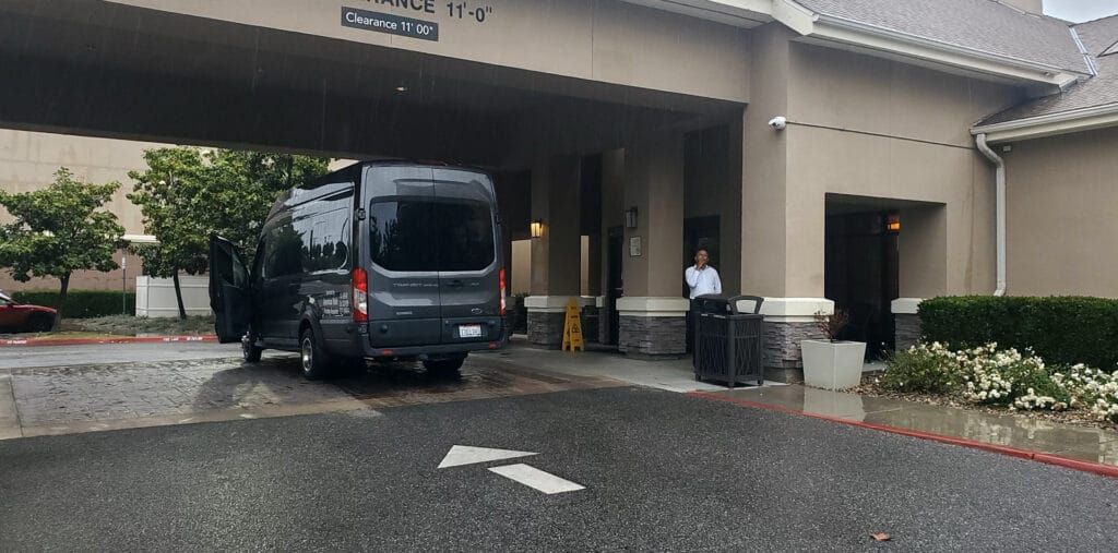 Corporate shuttle service vehicle staging in Southern California