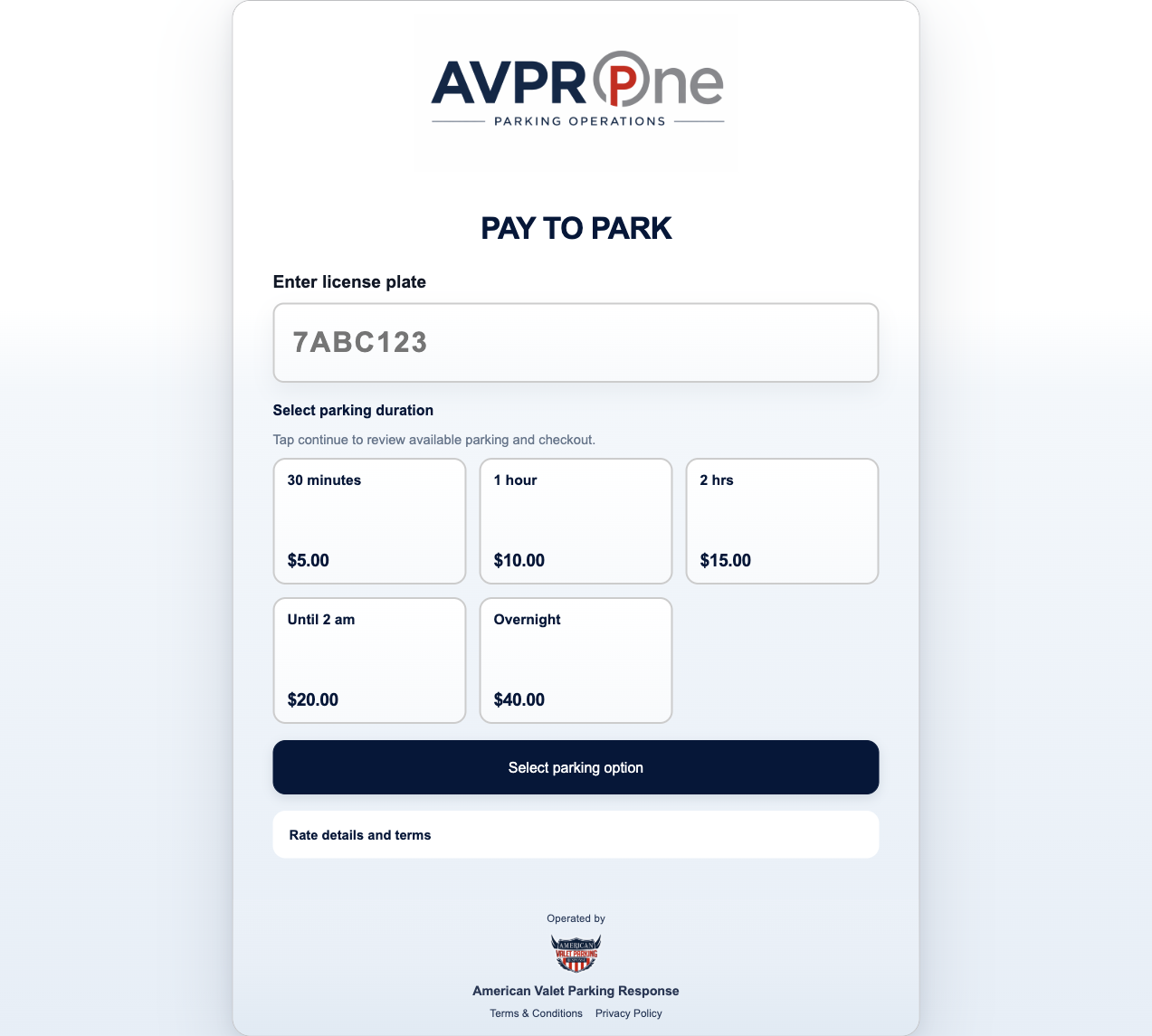 AVPR One scan to park rate selection screen