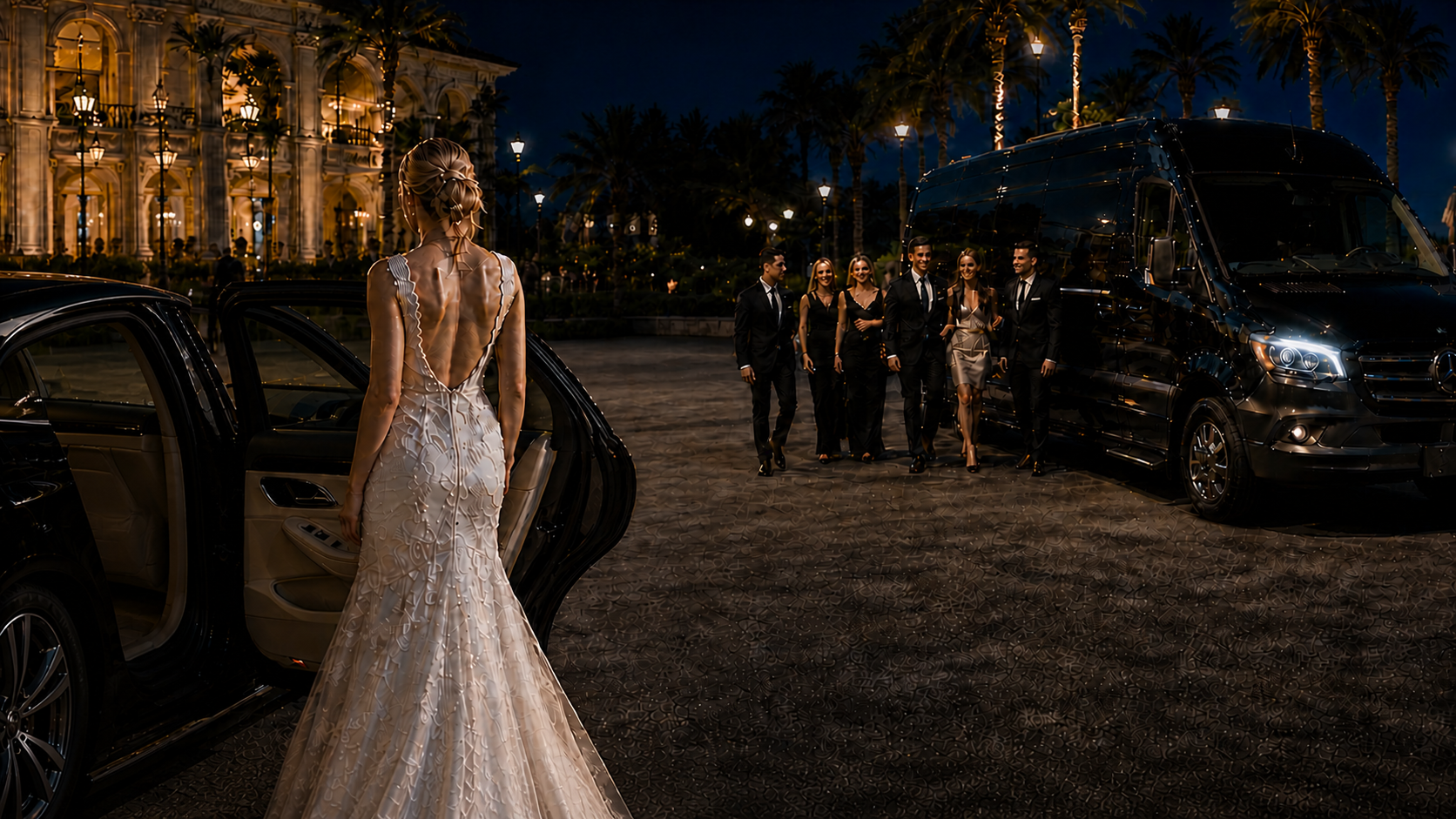 Wedding arrival with coordinated group transportation and a black Sprinter van