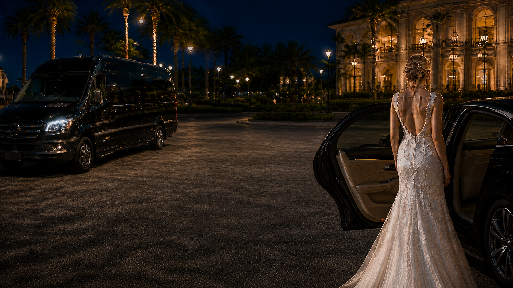Bride beside an open car door with a black Sprinter van staged across an evening wedding venue driveway