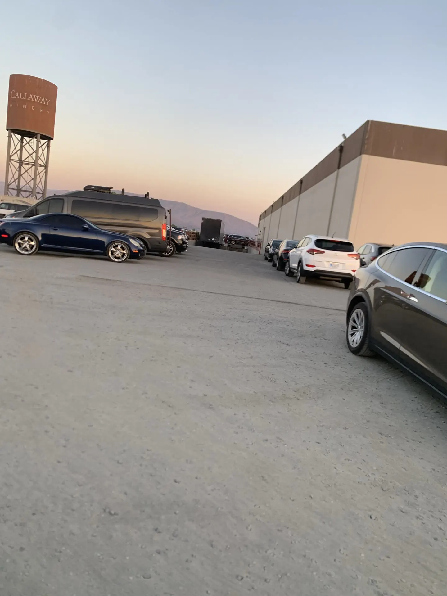 Parked cars and a passenger van beside a building at dusk